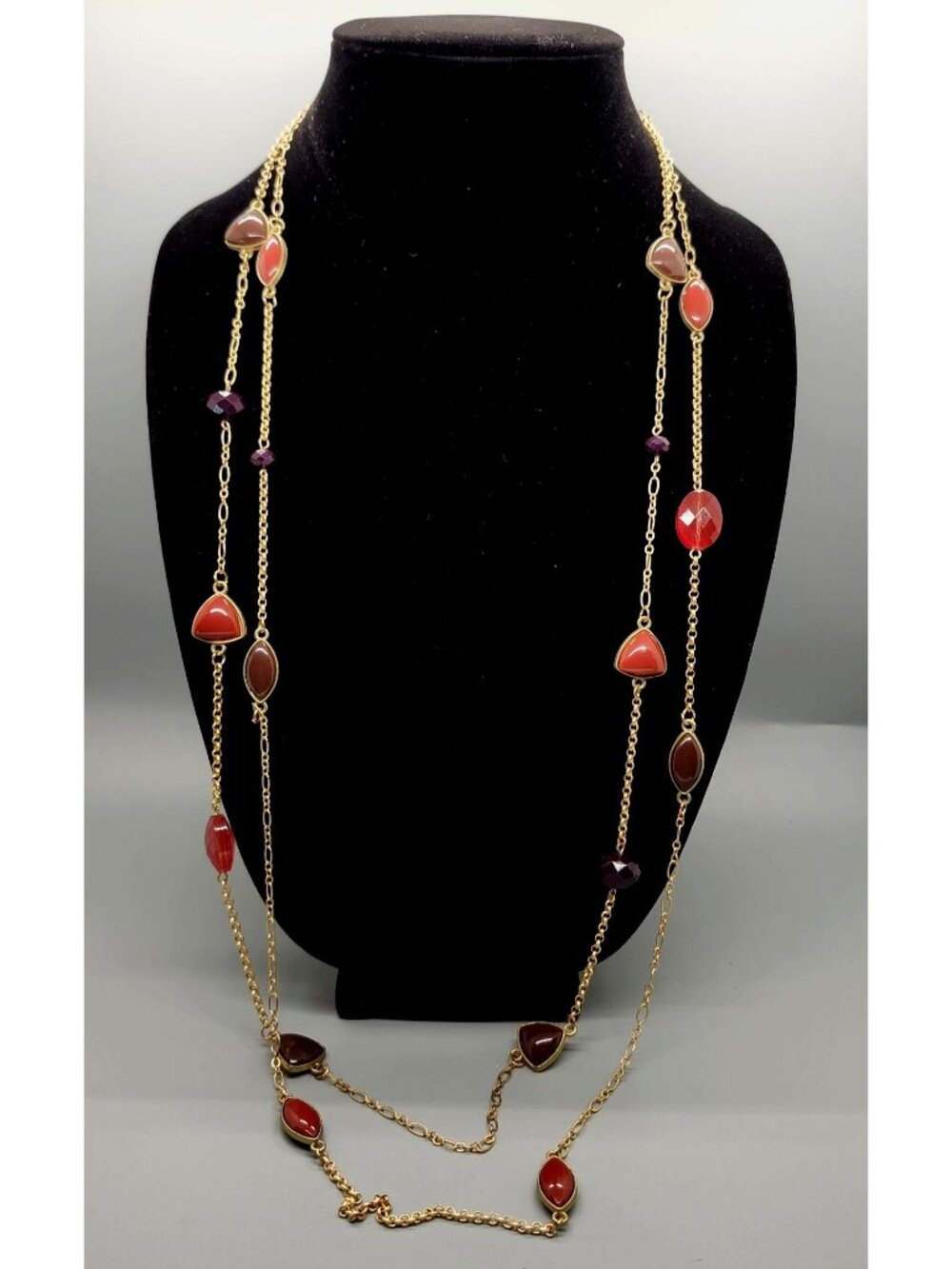 Gold-Tone Chain Necklace With Red & Purple Gemstone Accents Multi-Strand Design